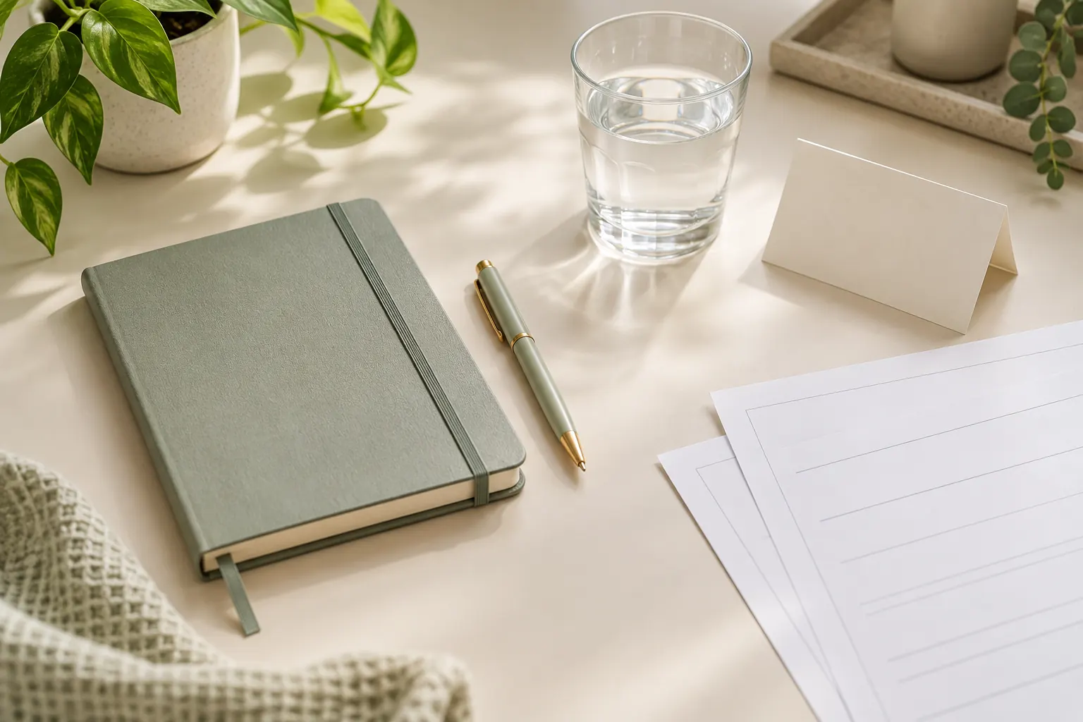 Notes, szklanka wody i dokumenty przygotowane do konsultacji
